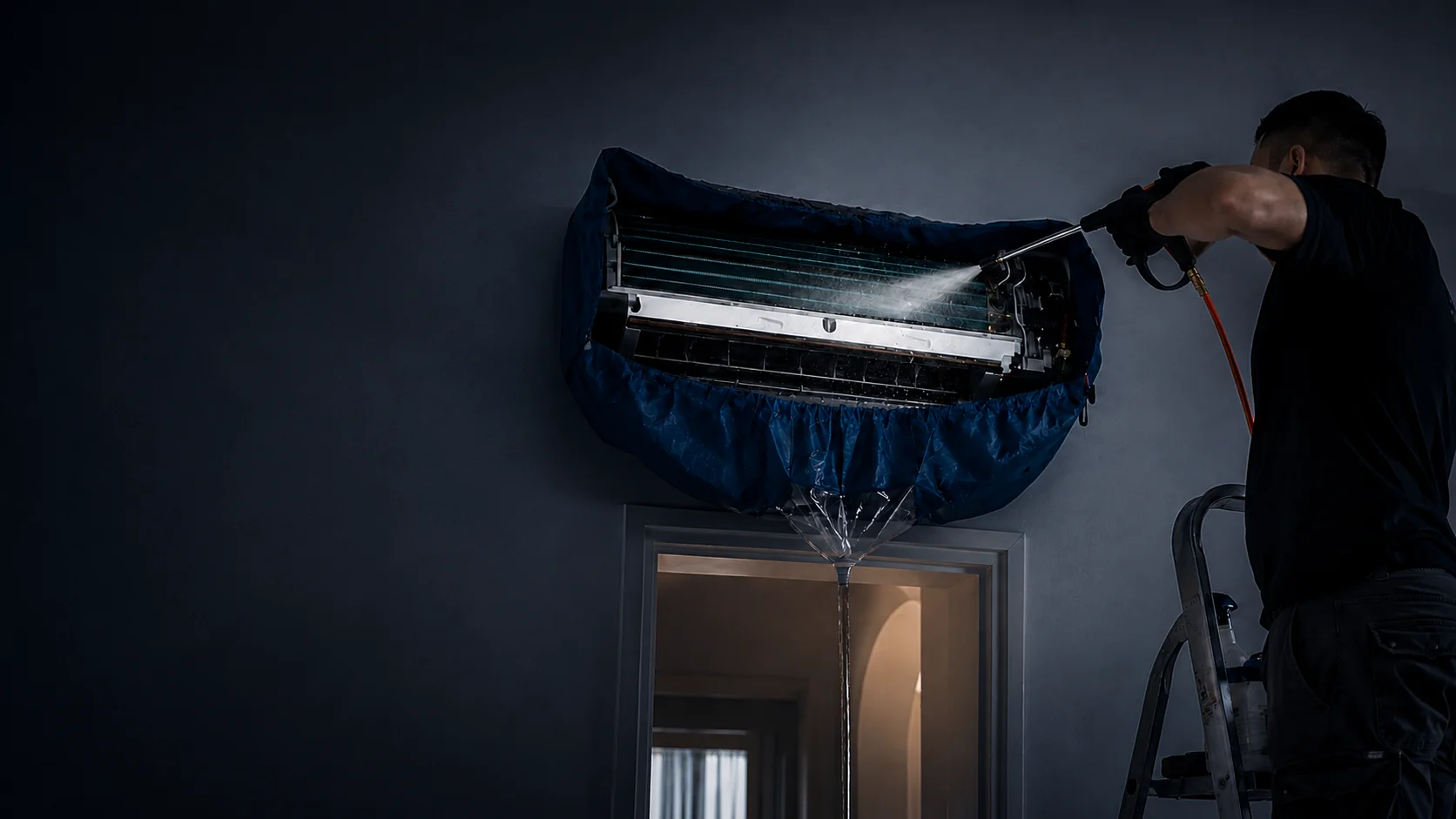 NorthWork Cyprus technician deep cleaning an indoor air-conditioning unit with protective wash-bag equipment in Paphos