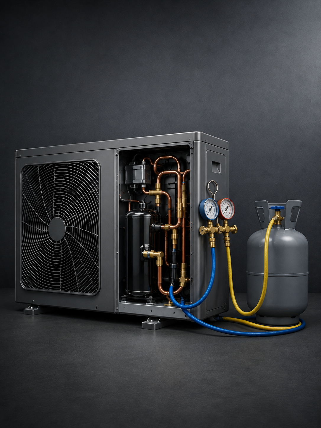 Outdoor condenser unit connected to manifold gauges and a refrigerant cylinder for a gas refill