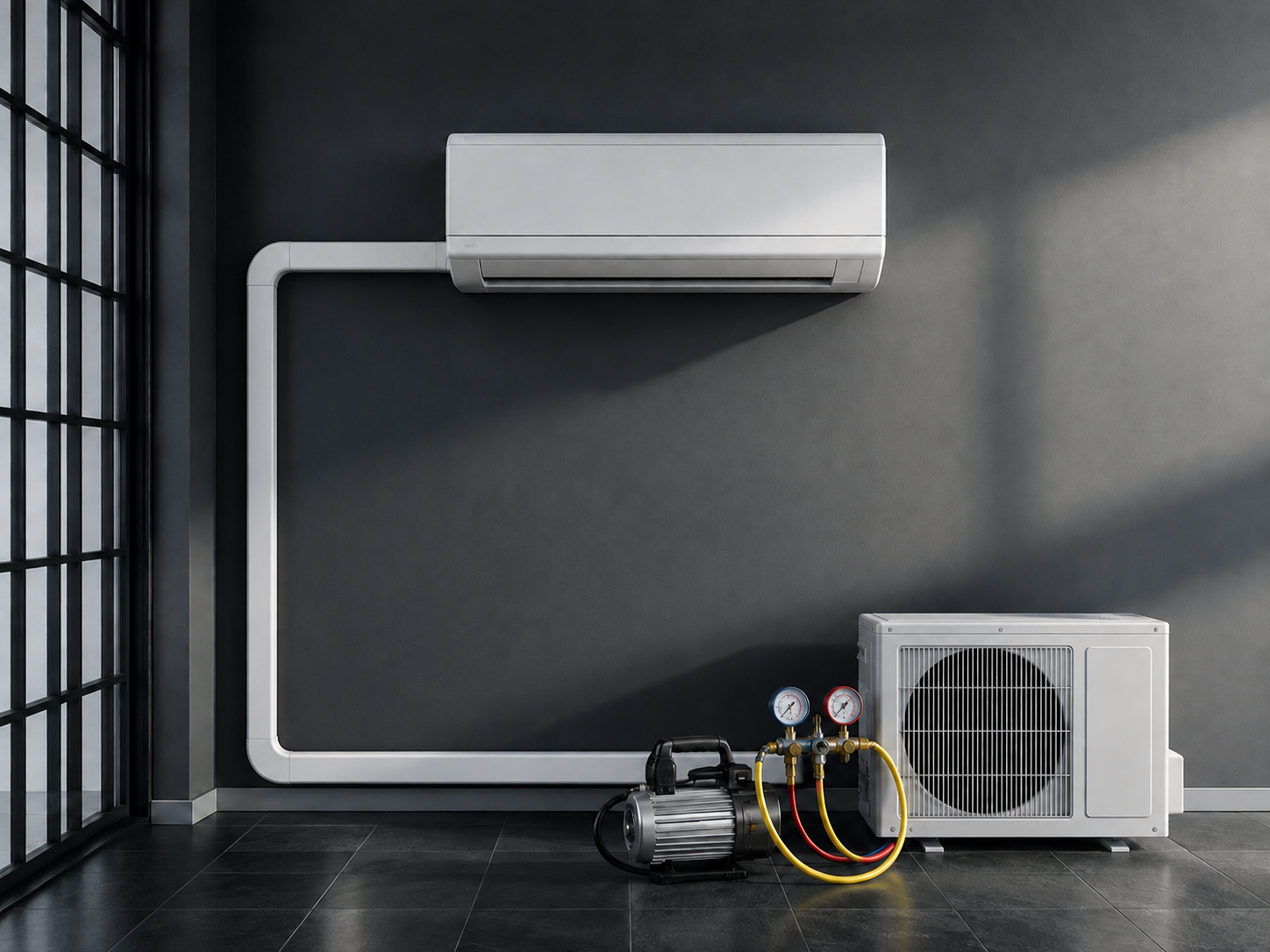 Wall-mounted split air conditioner with matching outdoor condenser unit and installation tools