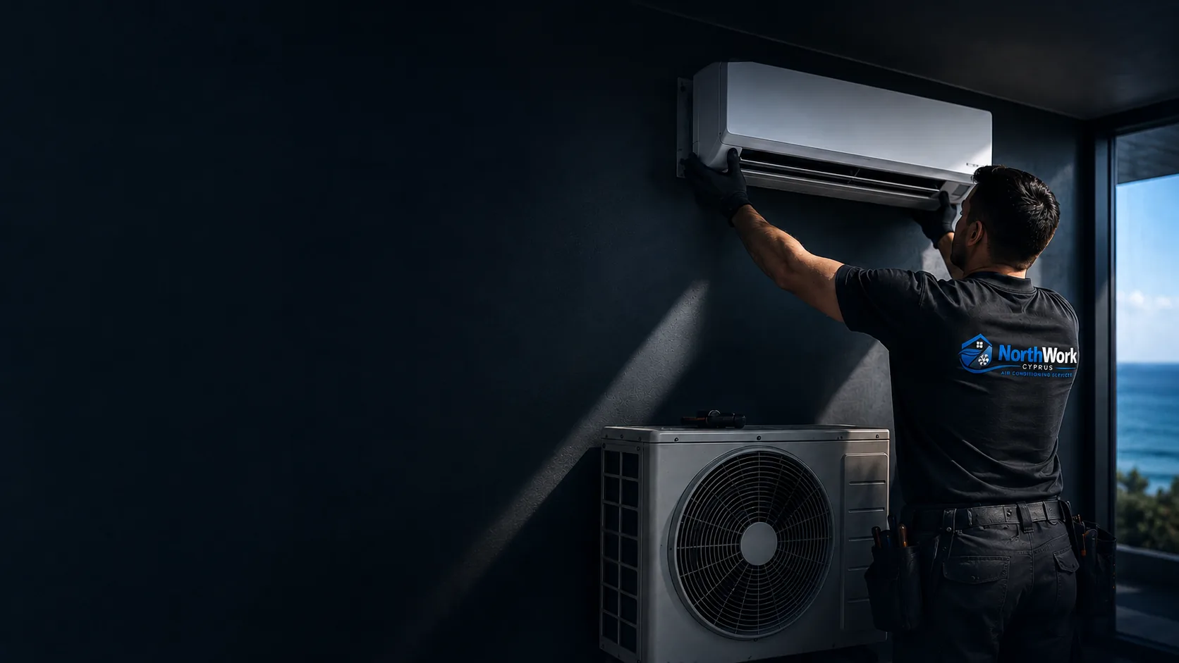 NorthWork Cyprus technician installing a wall-mounted split air-conditioning unit with outdoor condenser in Paphos