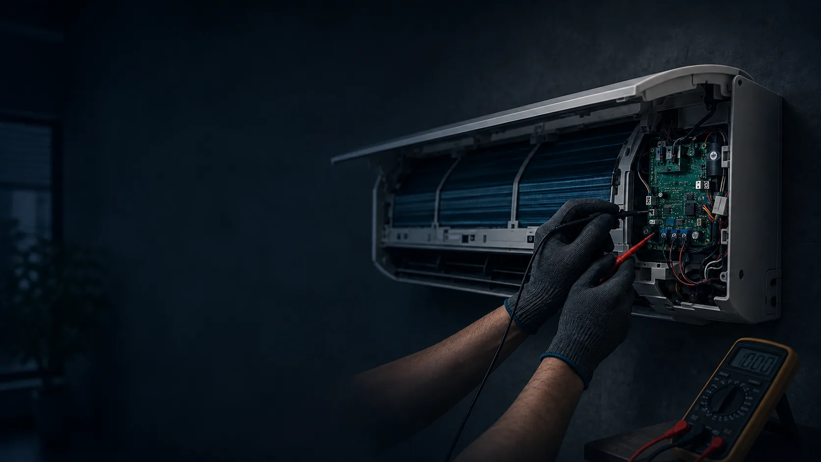 NorthWork Cyprus technician diagnosing an open air-conditioning unit's circuit board with a multimeter in Paphos